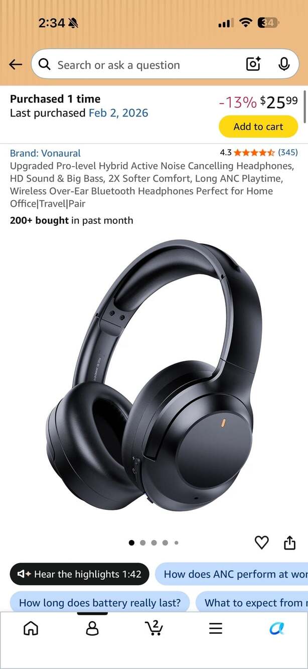 Vonaural E11 Hybrid Active Noise Cancelling Wireless Over-Ear Headphones